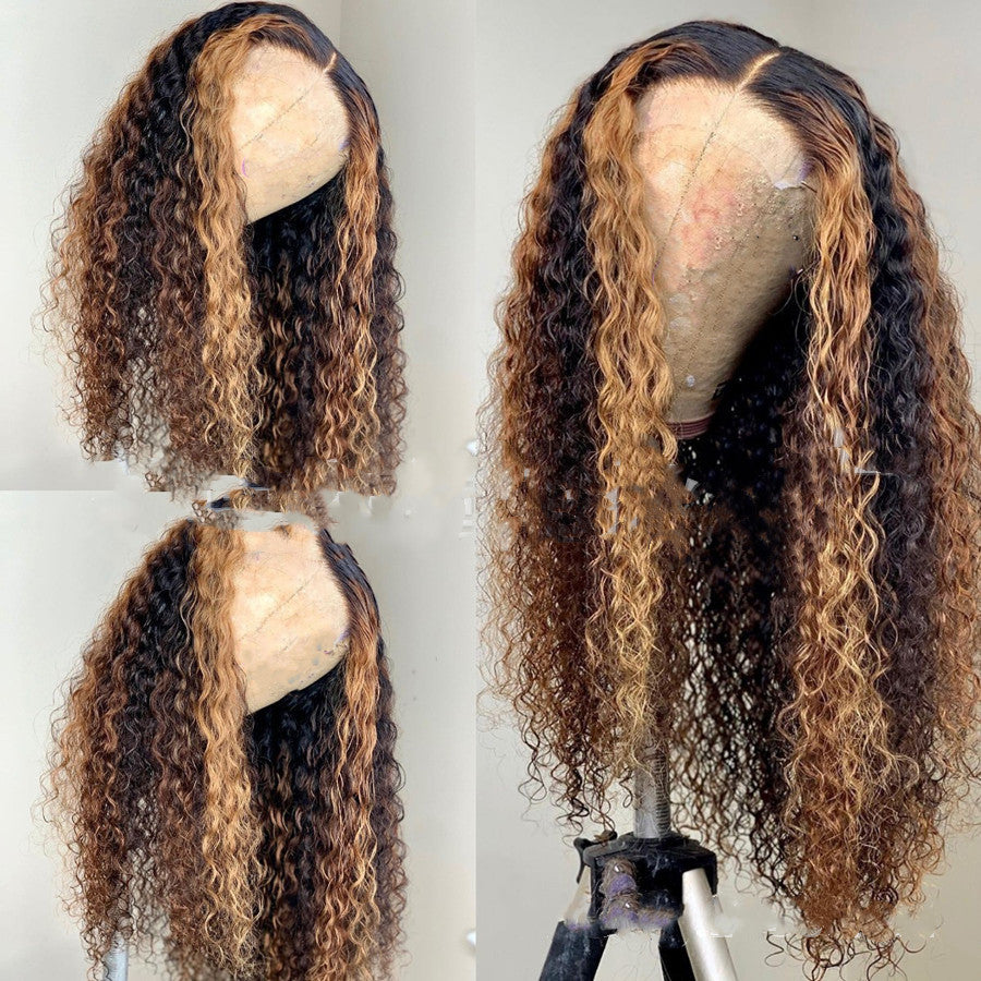 Long Curly Wig with Bangs - Black & Brown Gradient