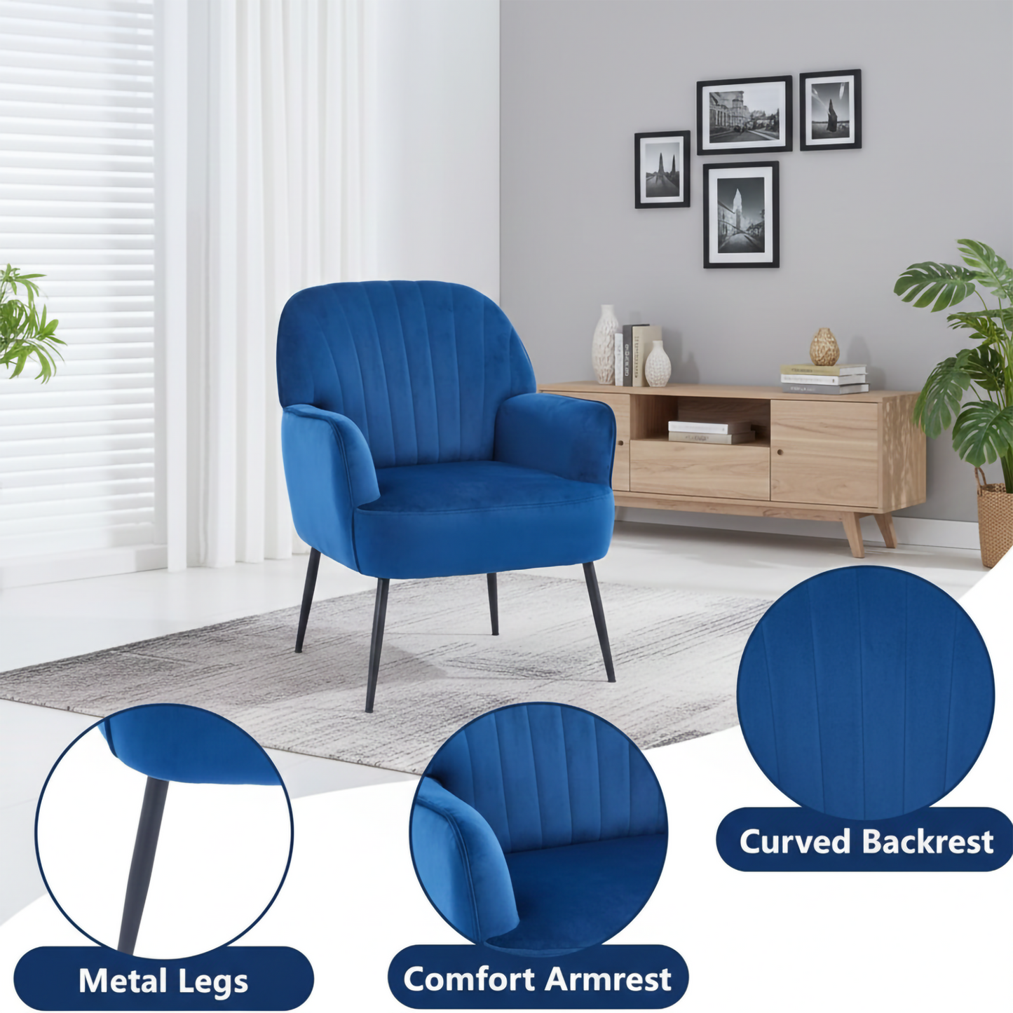 Modern Velvet Accent Chair - Comfy Barrel Armchair in Blue