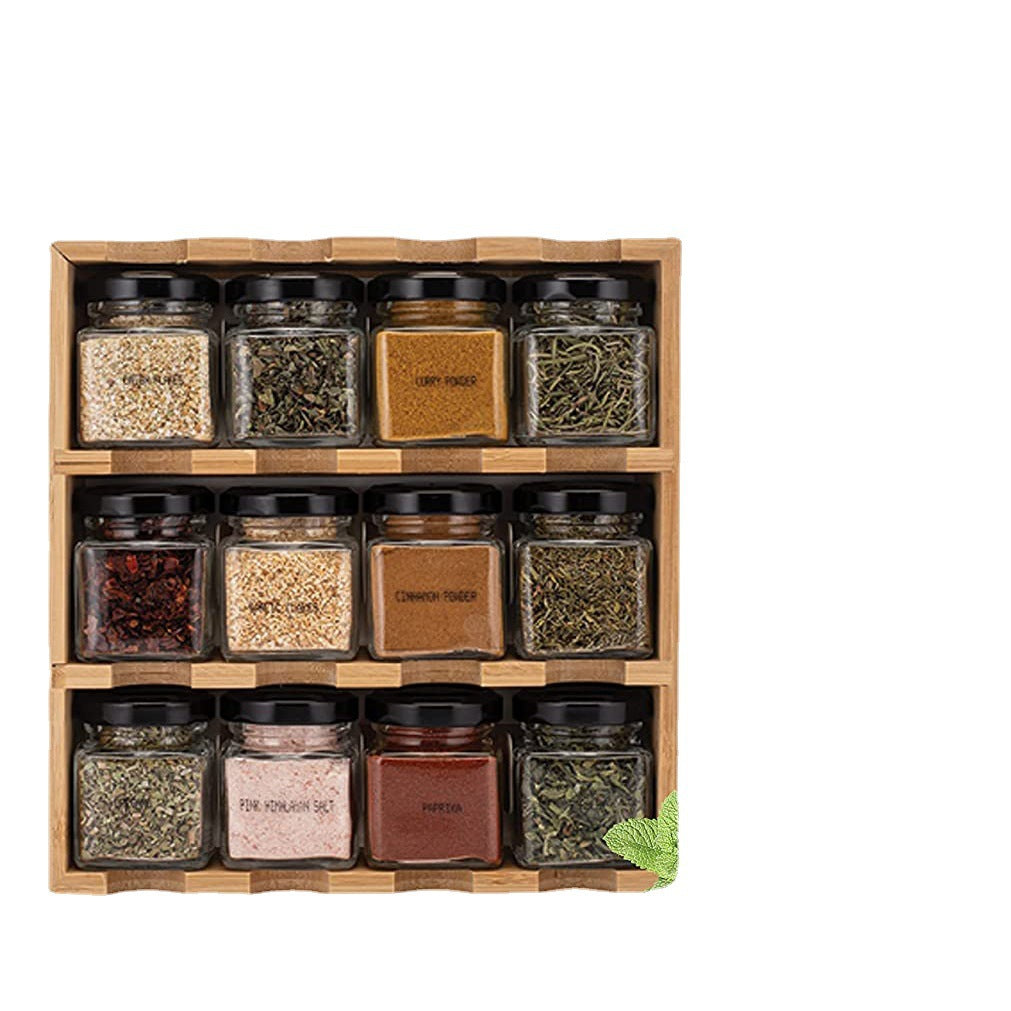 Wall-Mounted Bamboo Cruet Shelf with 12 Glass Jars - Kitchen Storage Organizer