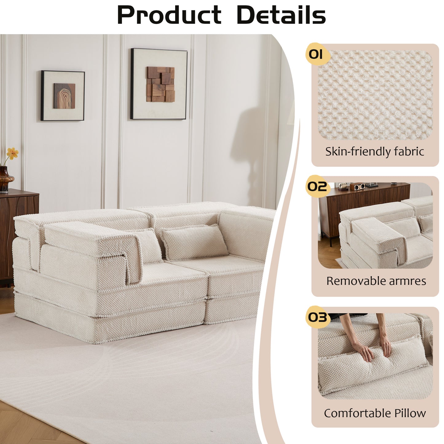Convertible Floor Sofa Bed - Modern White Mahjong Sofa