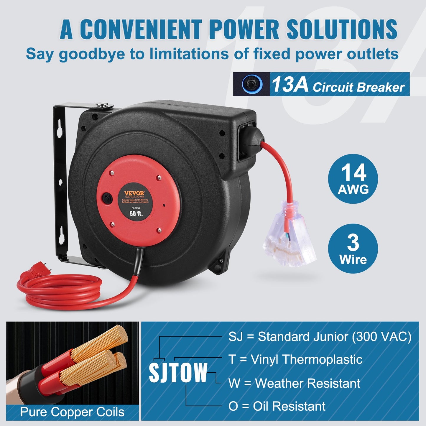 Retractable Extension Cord Reel 50FT Power Cord Reel 14AWG Water Resistant