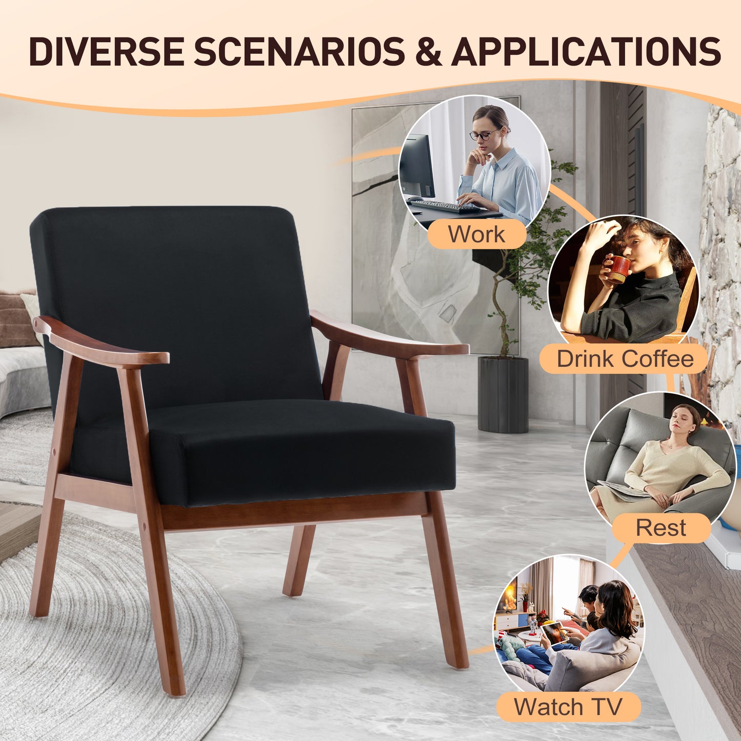 Mid-Century Modern Accent Chair - Black Velvet Lounge Chair