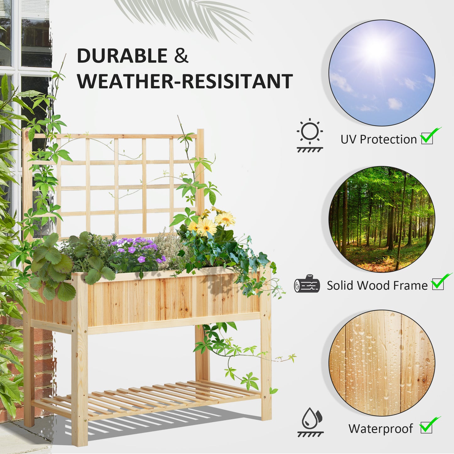 Wooden Raised Garden Bed with Trellis and Open Storage Shelf - Natural, 1235x670x165mm
