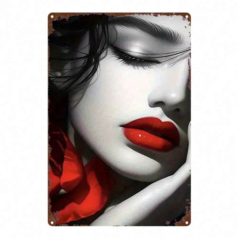 Red Lips Rose Metal Sign - Vintage Tin Wall Art 8x12 Inch
