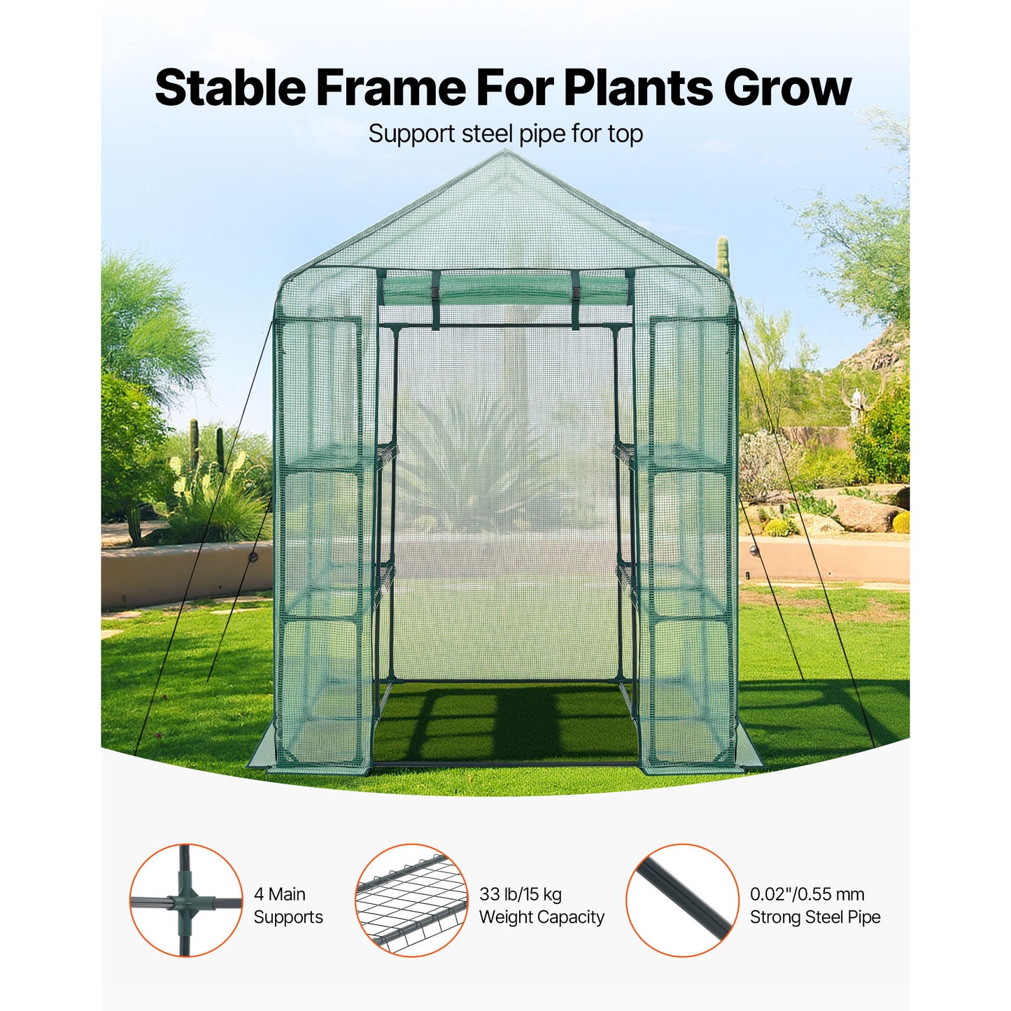 Walk-In Greenhouse with PE Cover, 2 Tiers, 8 Shelves, Roll-Up Door, Portable Garden Hot House