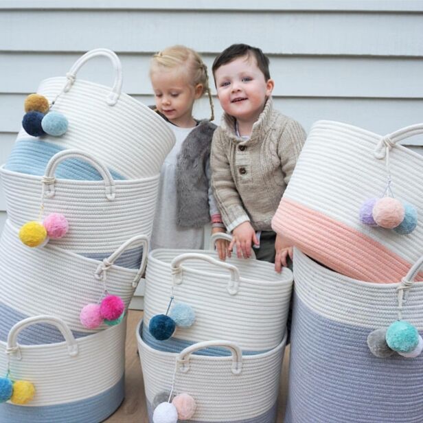 Cotton Braided Storage Basket with Fuzzy Ball Hanging Drop - Multi-Color Home Organizer