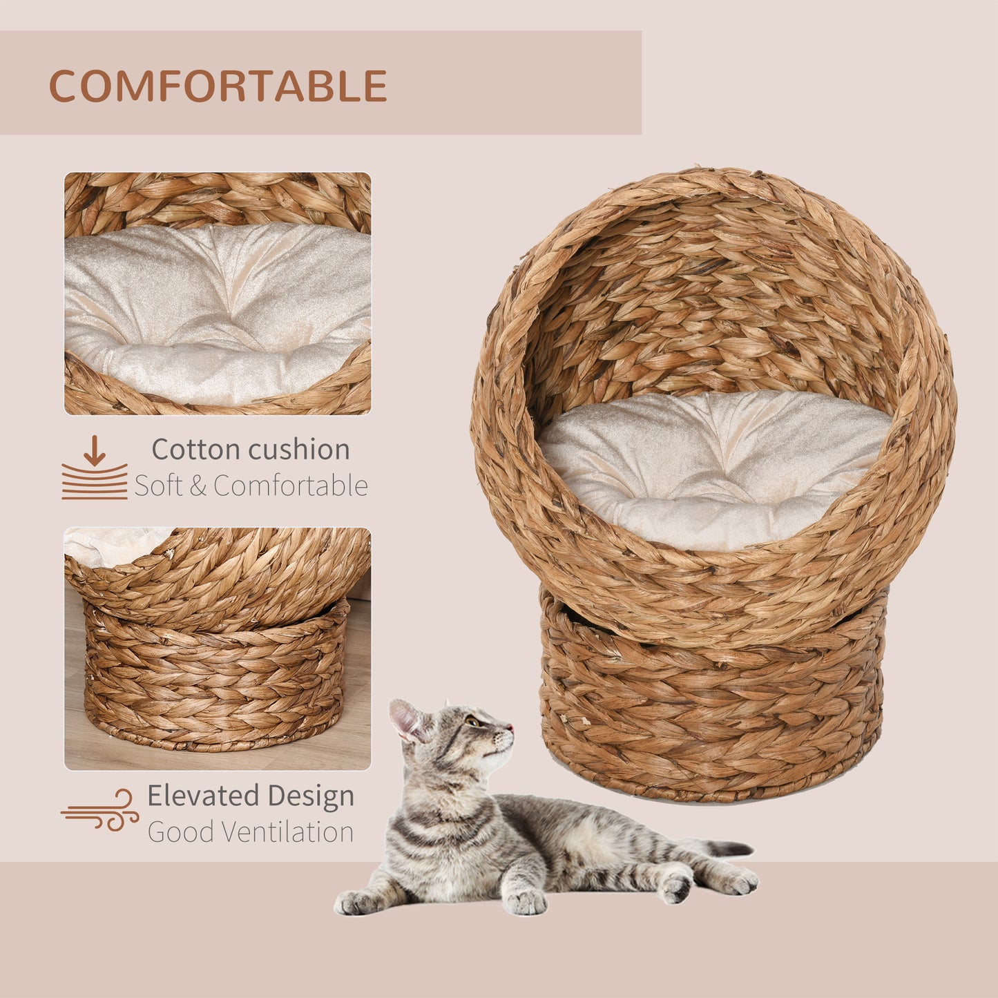 Elevated Cat Bed with Soft Cushion & Basket Shape - Indoor Wicker House, 23.5 Inches, Light Brown