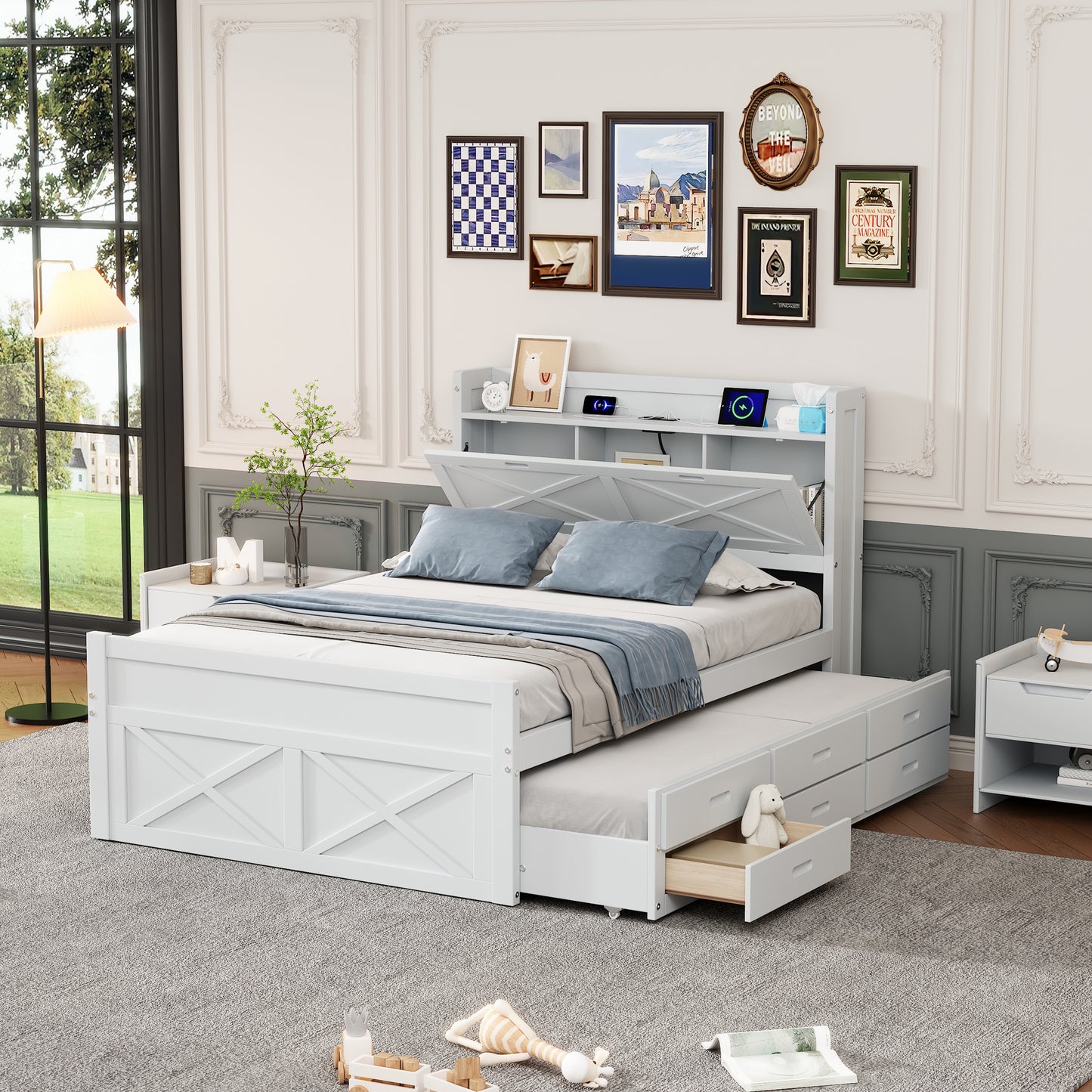 Full Size Wooden Bed With Storage Headboard Outlets, Extendable Twin