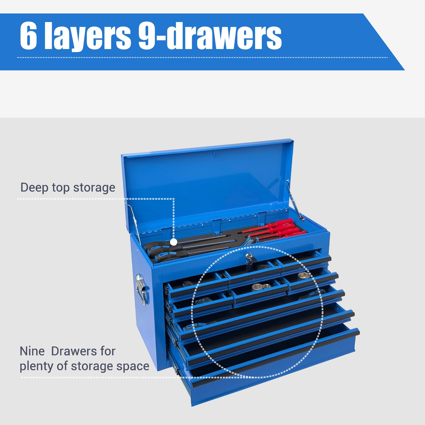 Heavy Duty Metal Tool Box 24-Inch with 9 Drawers and Locking Mechanism - Blue