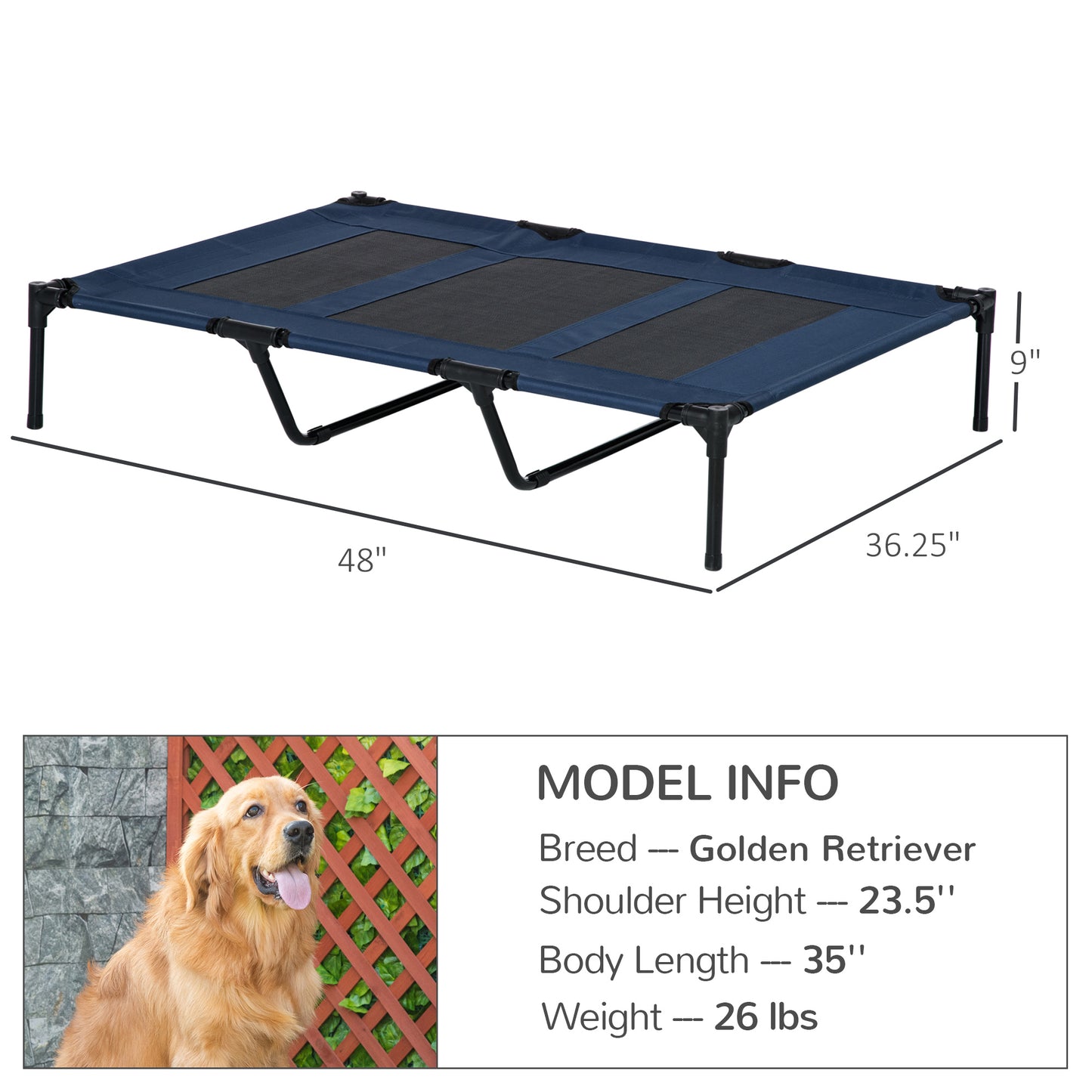 Elevated Dog Bed 48x36 Inches with Breathable Mesh & Carry Bag - Dark Blue