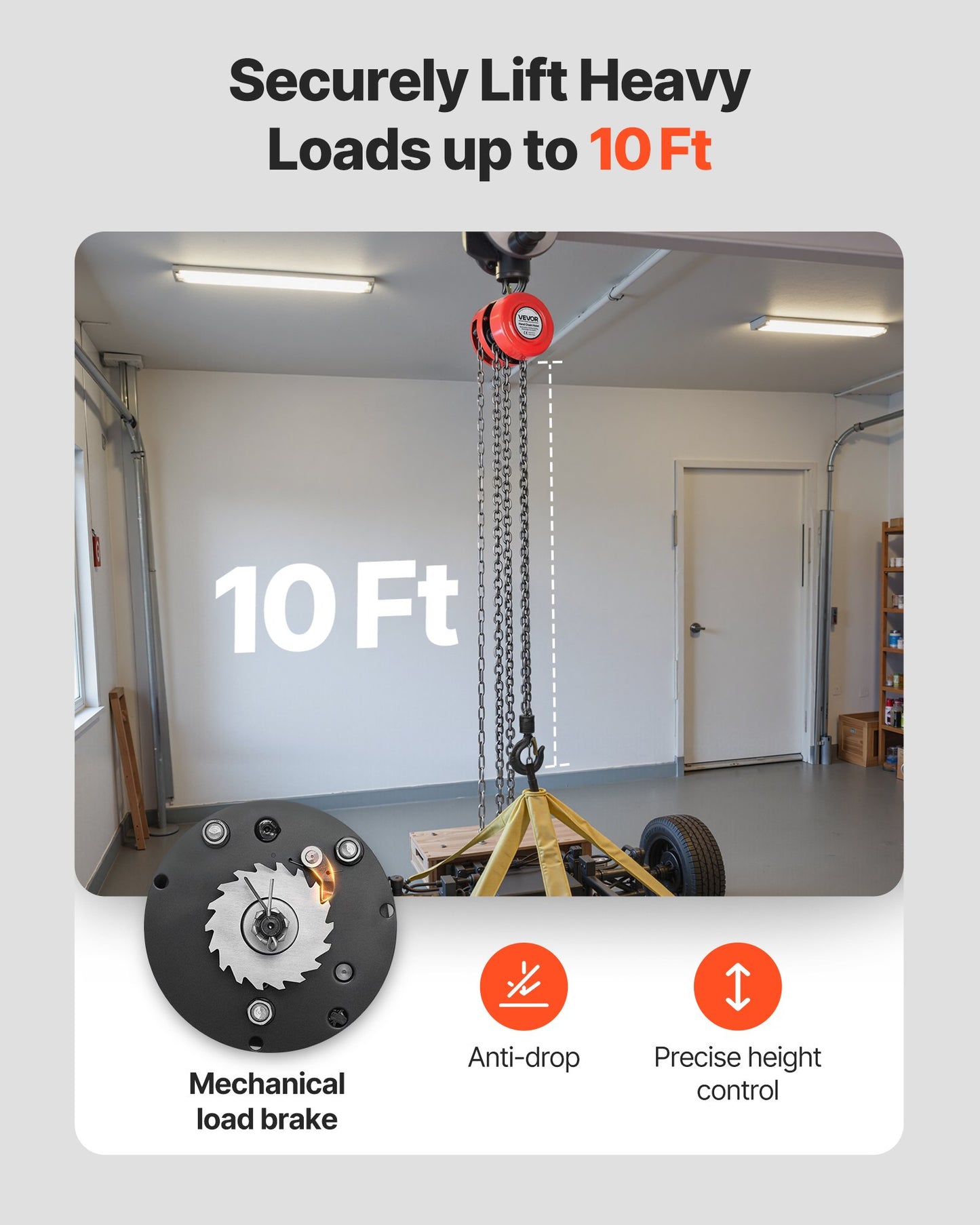 Manual Chain Hoist 2200 Lbs Capacity 10 Ft Lifting Chain with Orange Finish