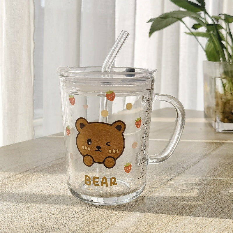 Minimalist Cartoon Glass Water Cup with Straw - Heat-Resistant, 400ML