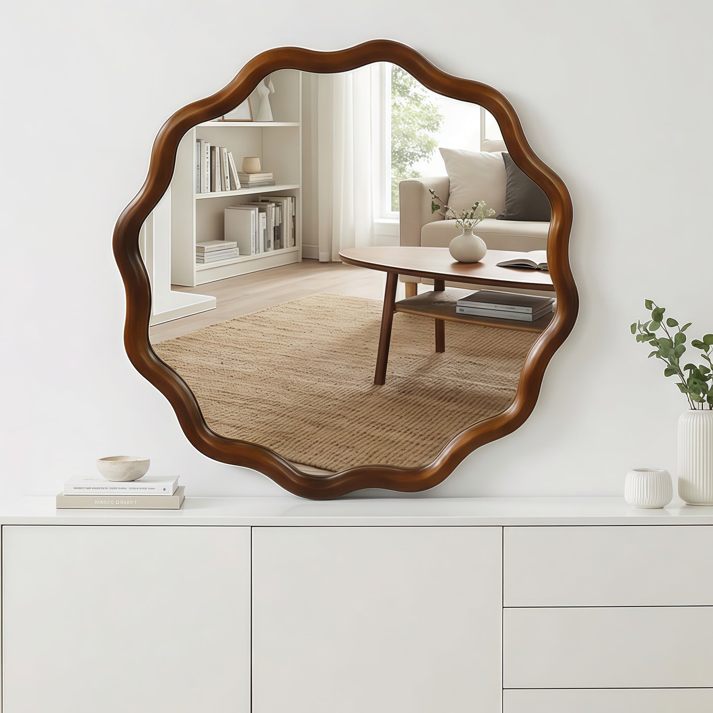 30-Inch Wavy Round Solid Wood Frame Decorative Mirror - Black & Dark Walnut