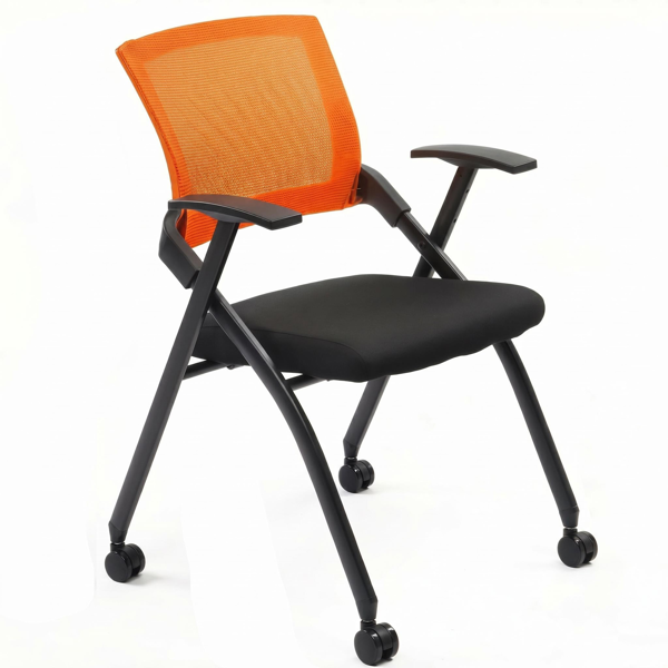 Stackable Folding Office Chair with Wheels - Ergonomic Padded Seat, 350lbs Capacity, Orange
