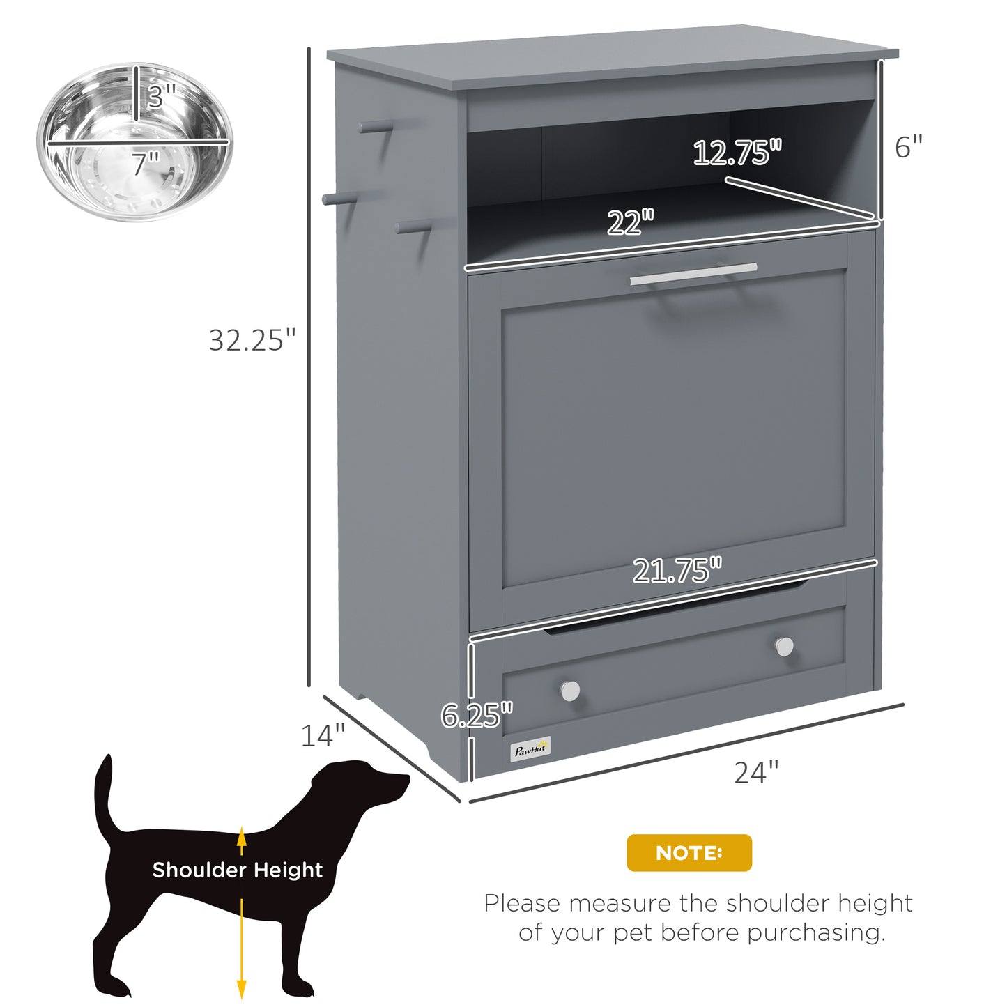 Dog Food Storage Container with Locking Locker and Raised Bowl - Grey Pet Feeding Station