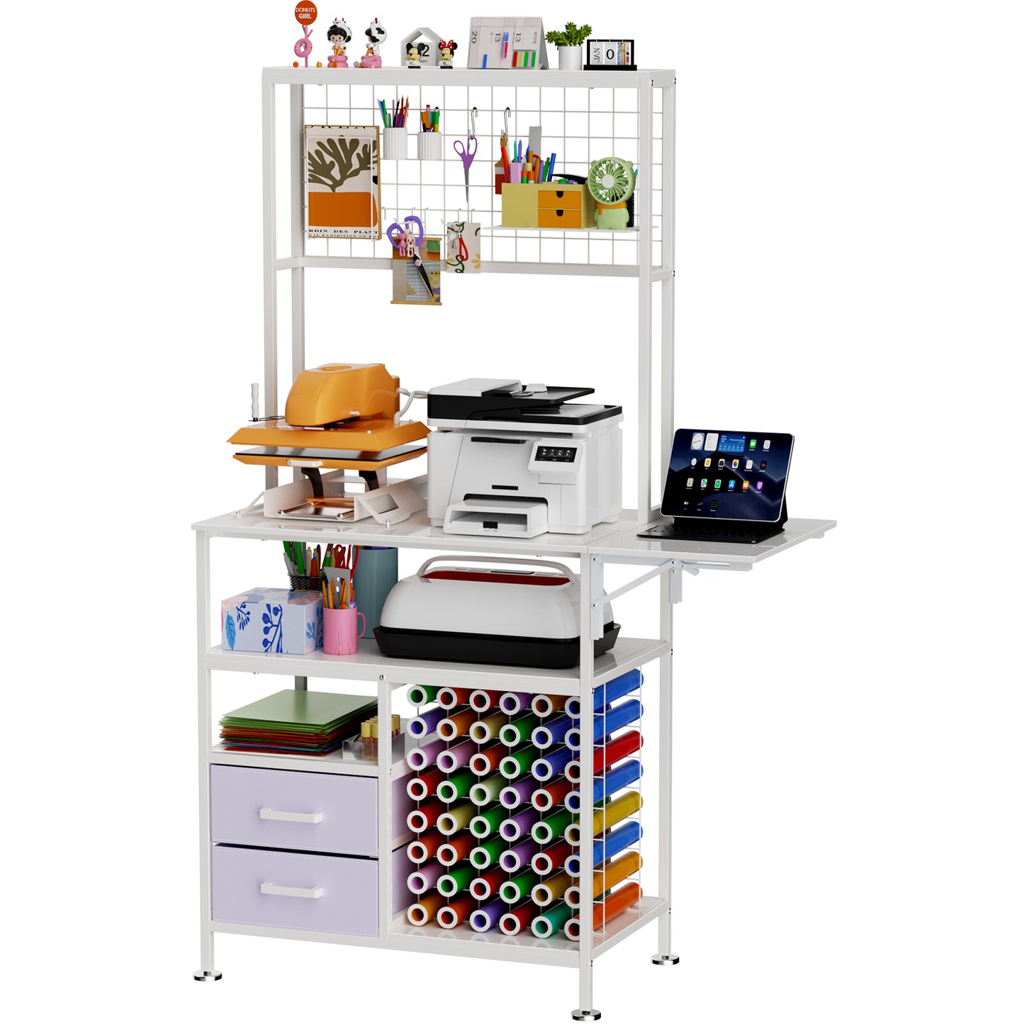 Foldable Heat Press Table with Storage & Pegboard - White