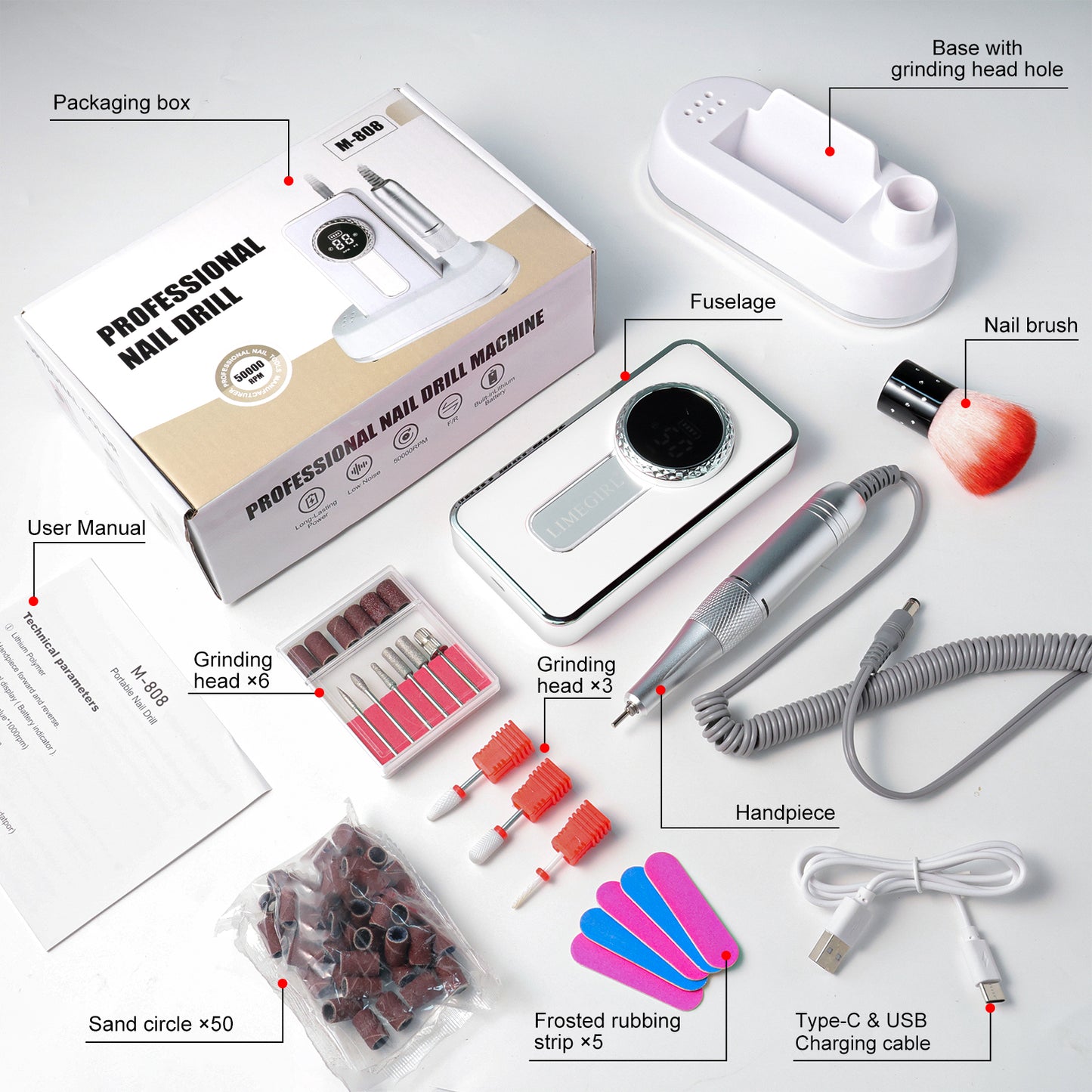 Portable Electric Nail Drill Kit - 50000RPM Rechargeable Manicure File Set