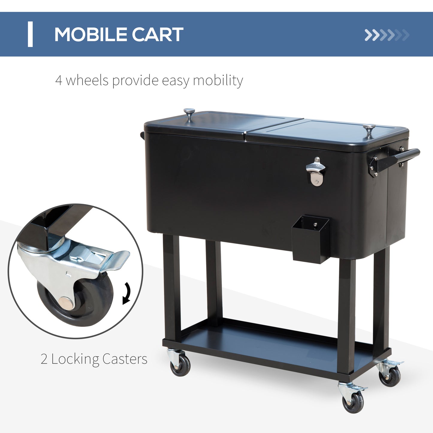 80 QT Rolling Outdoor Cooler Cart on Wheels - Black