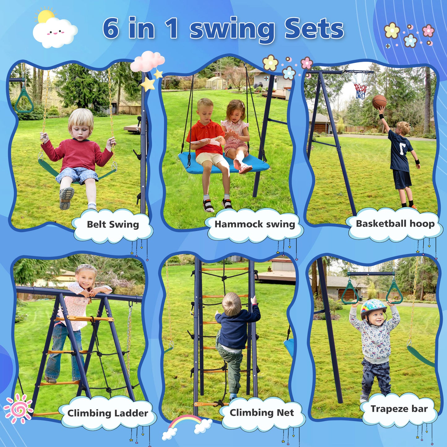 6-in-1 Swing Set with Climbing Ladder, Trapeze Bar & Hammock Swing