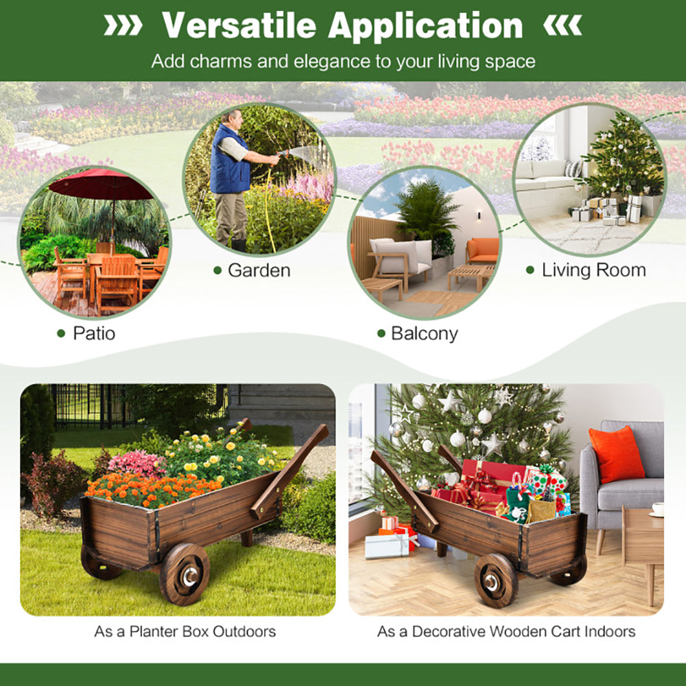 Wooden Wagon Planter Box with Wheels and Drainage Hole - Rustic Brown Garden Decor