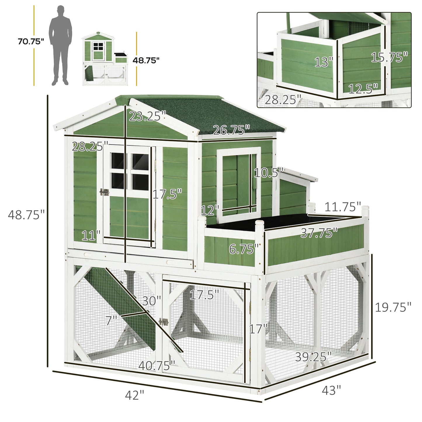 49-Inch Small Chicken Coop with Garden Space, Weatherproof Outdoor Hen House - Green