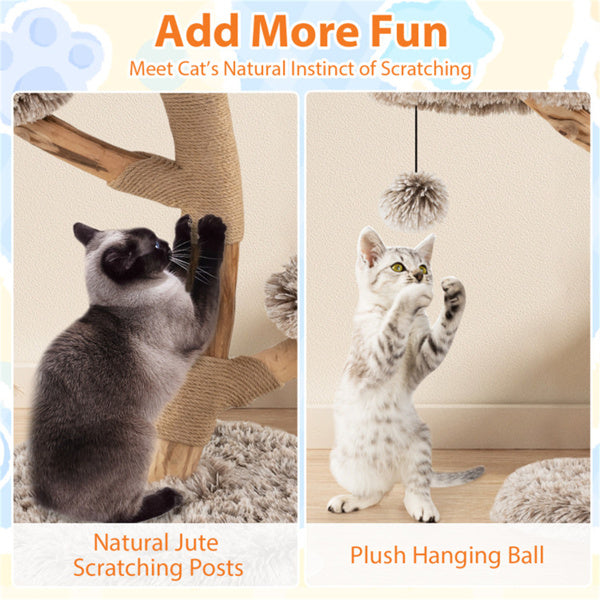 Natural Pear Wood Cat Tree with Scratching Posts & Plush Balls - Multi-Level Cat Furniture