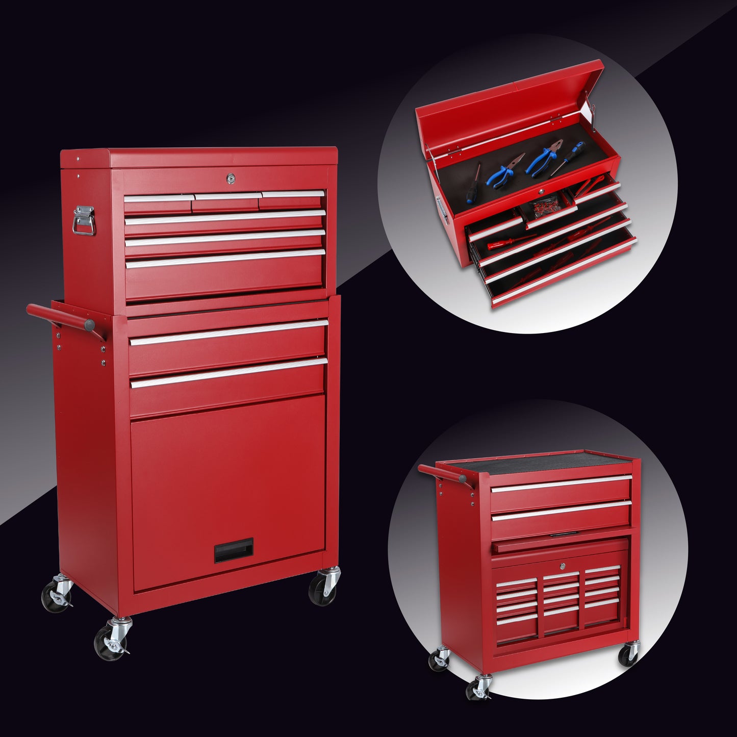 8-Drawer Rolling Tool Chest with Detachable Top Toolbox - Steel Garage Storage Cart, Lockable Wheels