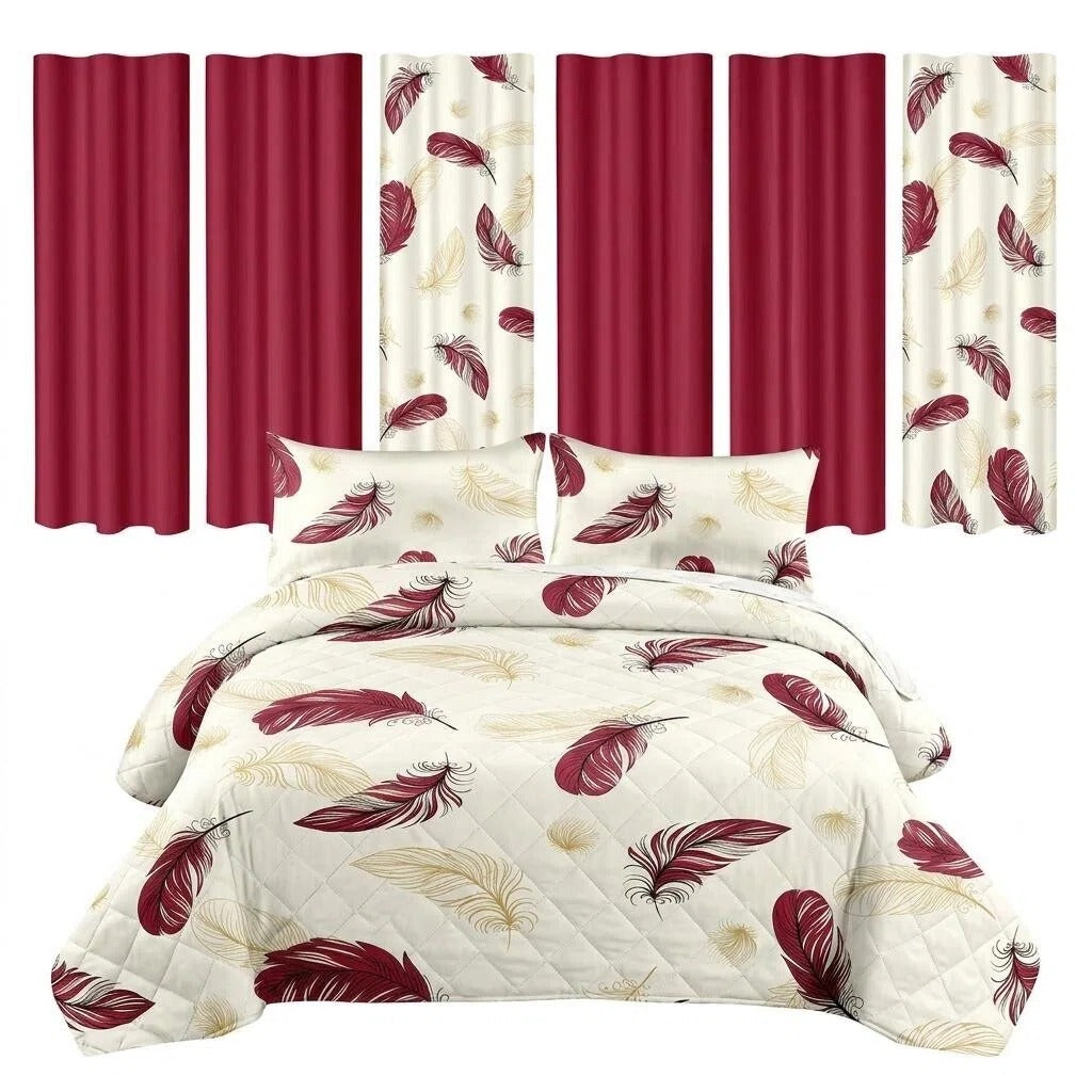 9-Piece Boho Feather Print Quilt and Curtain Set - Multiple Sizes