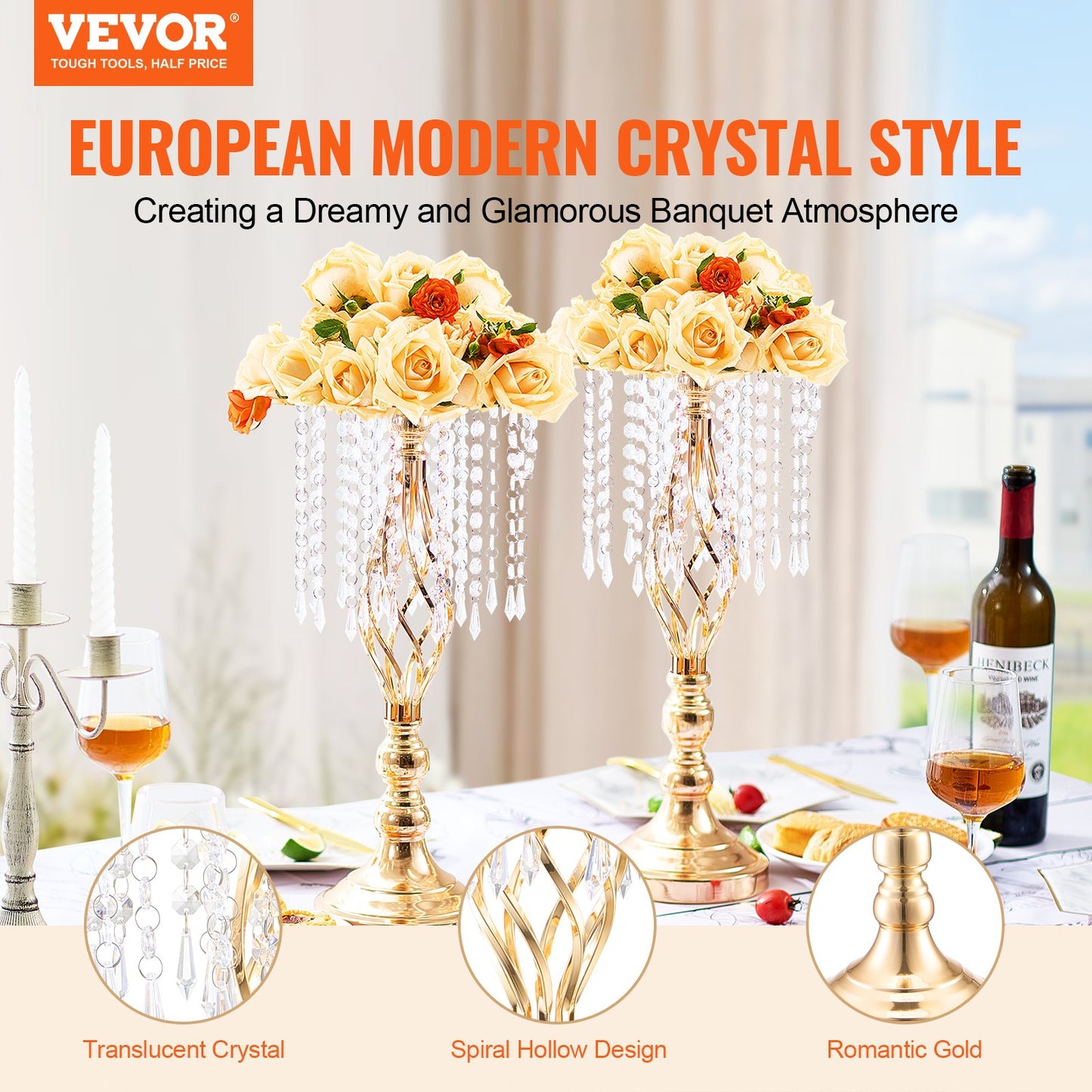 12PCS Tall Crystal Wedding Flower Stands Vase for Party Decor - Metallic
