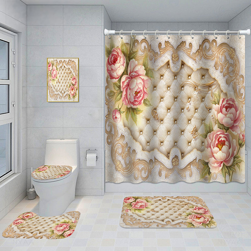 Bathroom 5-Piece Shower Curtain Set with Mat and Decorative Aluminum Frame