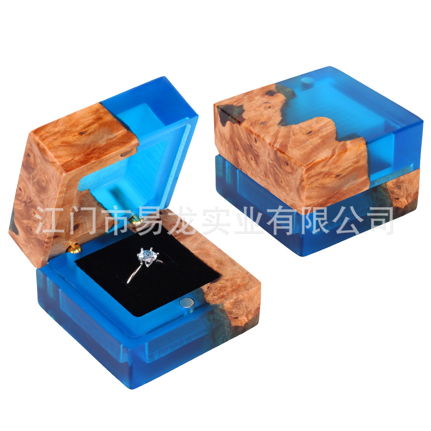 Wood Resin Ring Box - Blue Jewelry Storage Container for Engagement & Gift