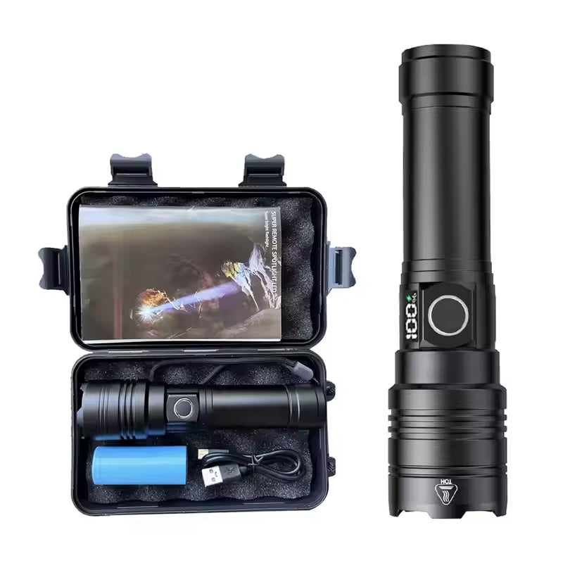 Rechargeable LED Flashlight 50000 Lumens Long Range USB C Emergency Torch - Black