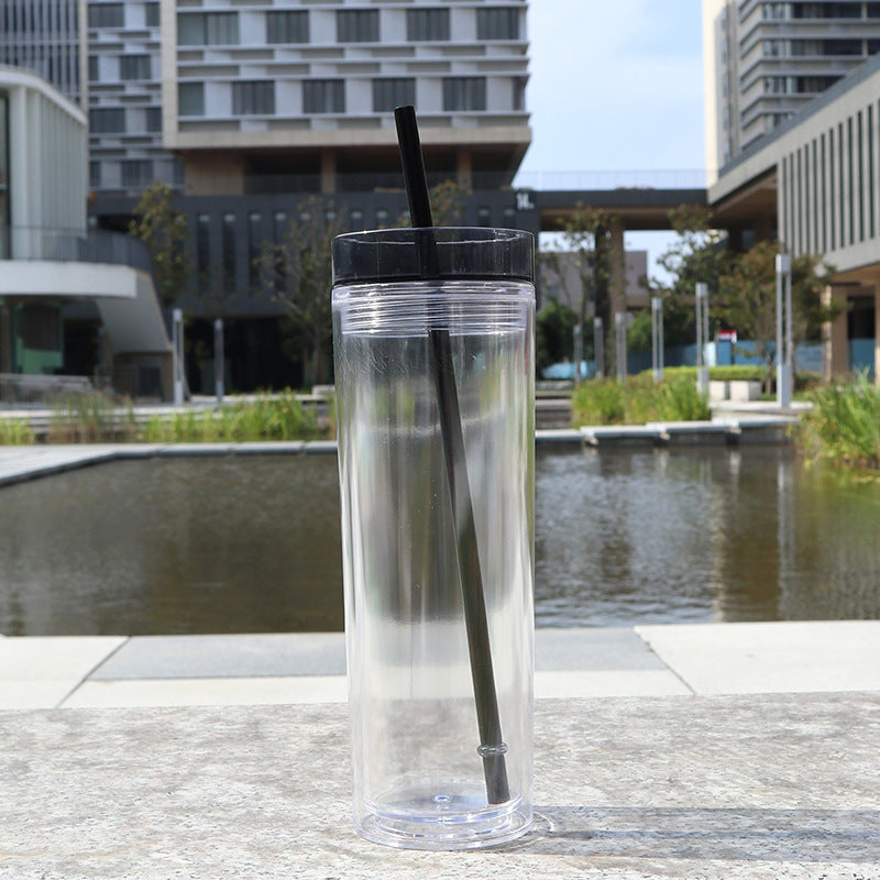 Large Capacity Double-Layer Drinkware Cup with Straw - Multiple Colors & 710ml