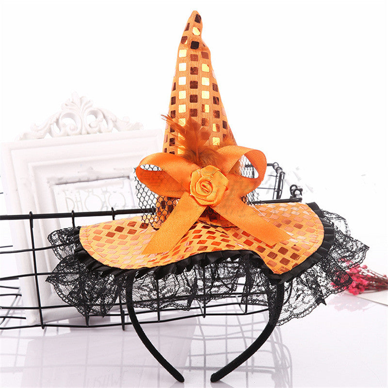 Masquerade Witch Hat Headband with Sequins & Lace