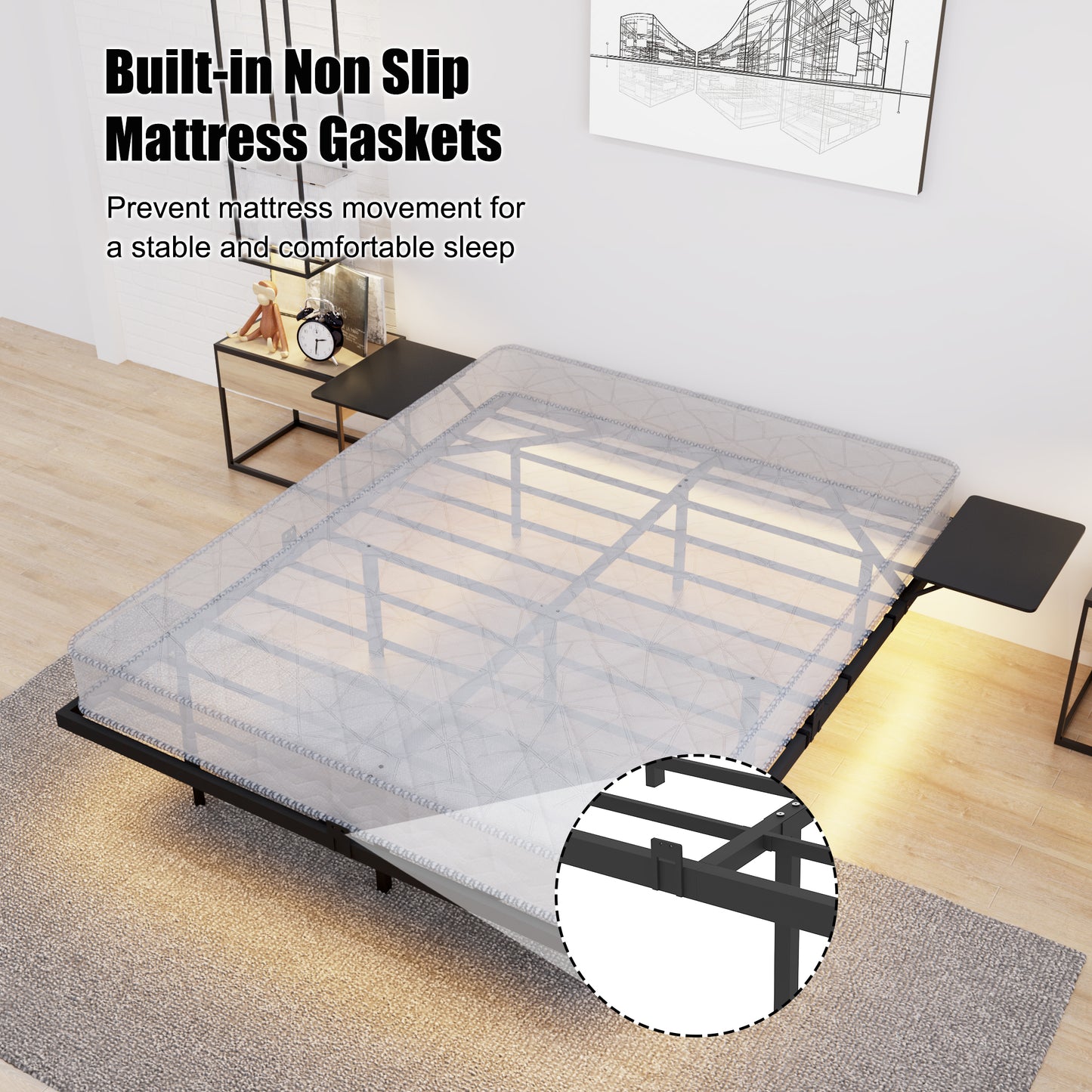 Queen Size Heavy Duty Metal Bed Frame with LED Light - Black