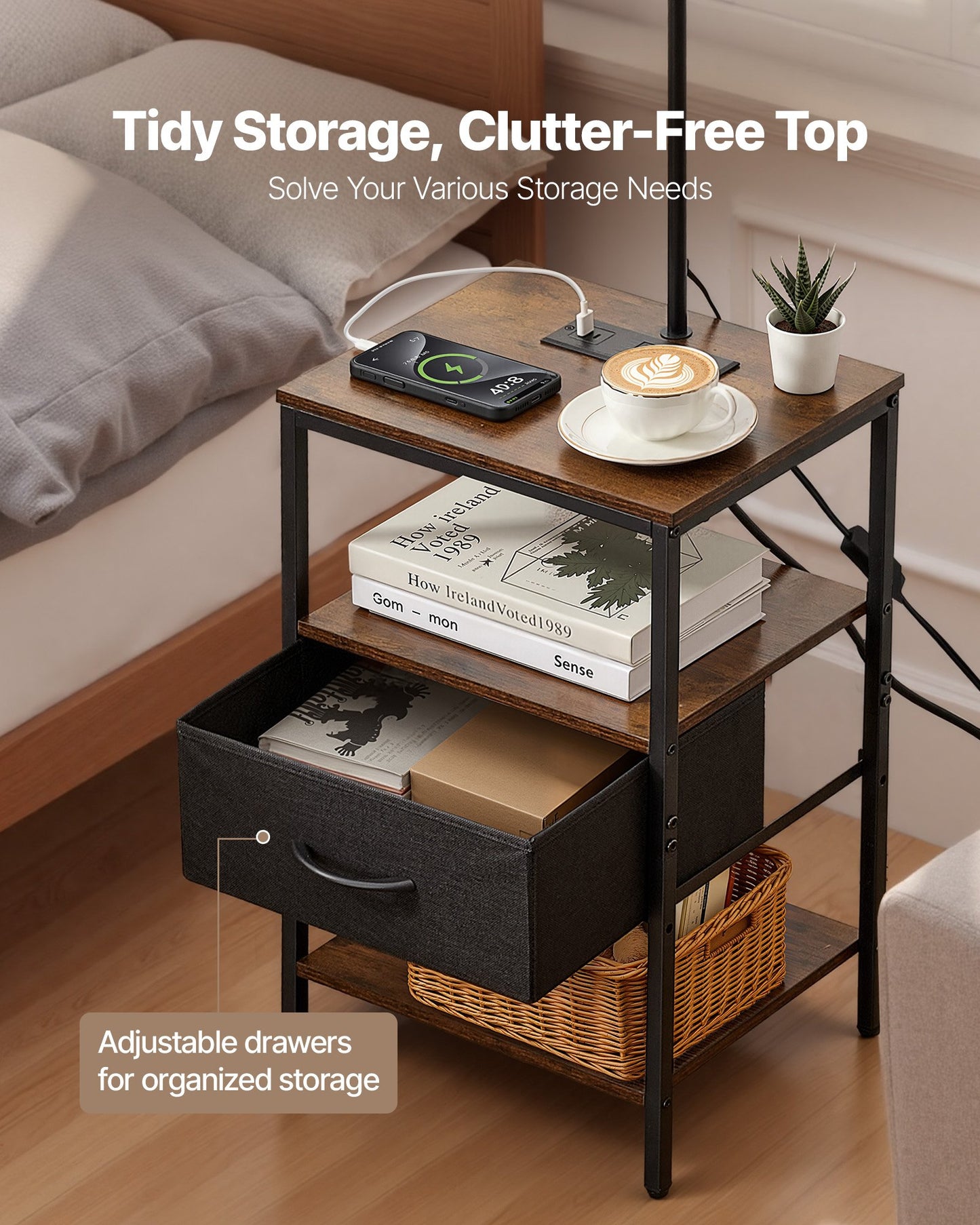 Floor Lamp with 3-Tier End Table, USB & Charging Ports, Modern Nightstand - Black