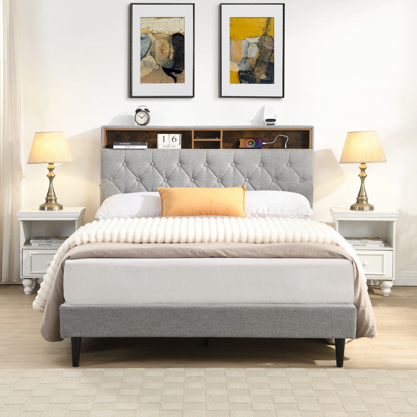 Queen-Size Upholstered Platform Bed Frame with USB Charging, Light Grey