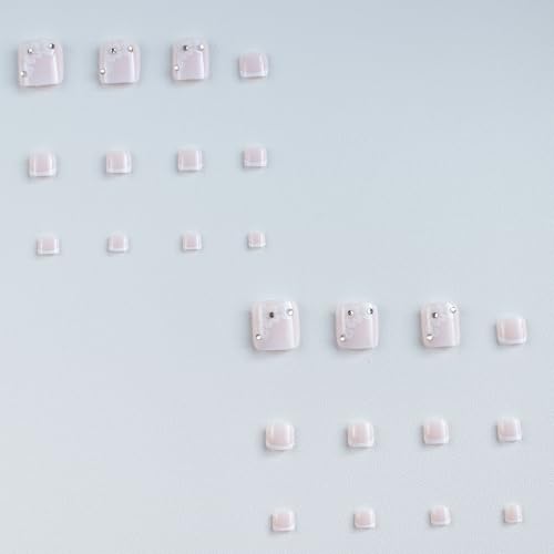French Tip Press On Toenails, 24 Pcs Short Square Toe Press On Nails with Rhinestone Flower Design, Solid Pink Gradient Full Cover Fake Toenails Glue On Toe Nails Kit for Women-Gradient French Flower