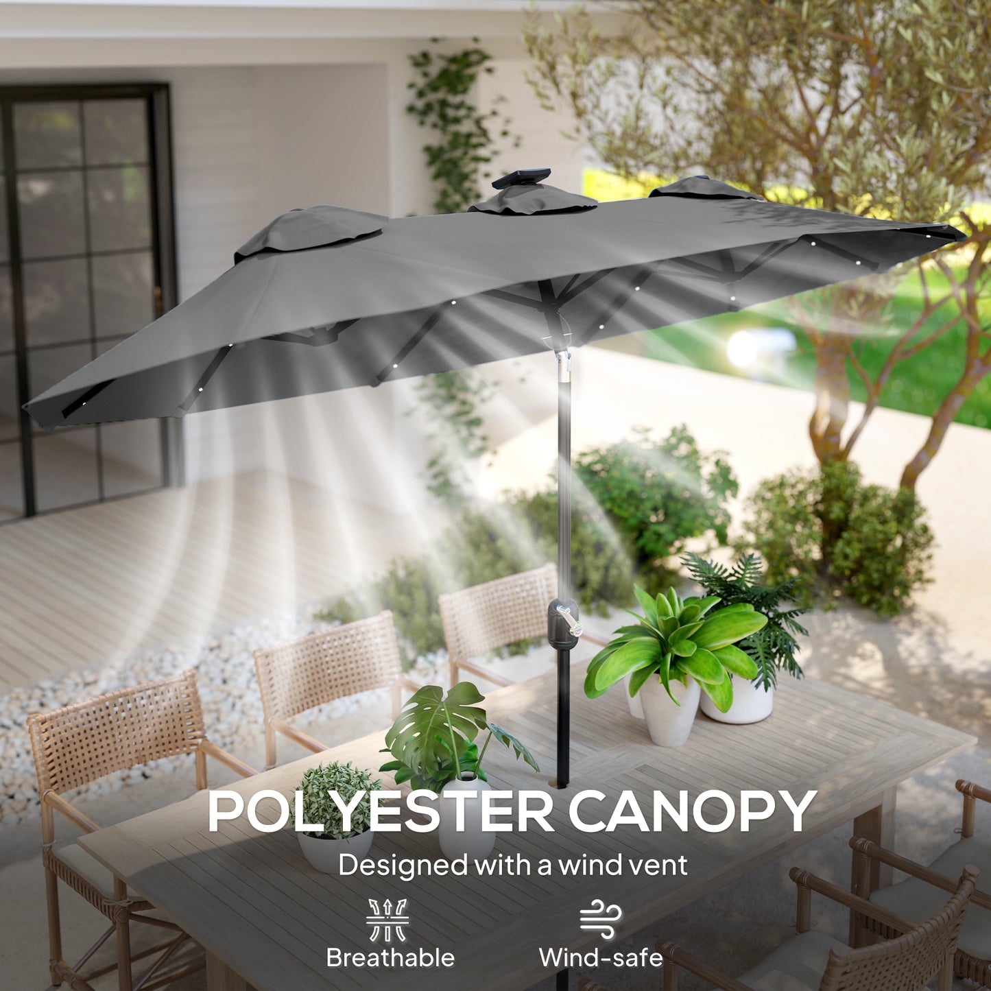 Double-Sided Patio Umbrella with Solar LED Lights - Gray