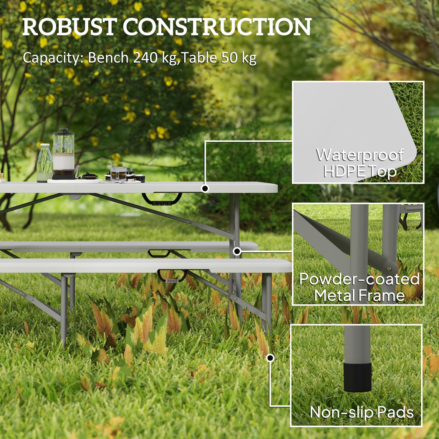 Portable Camping Table and Chairs Set - Folding Picnic Bench, White