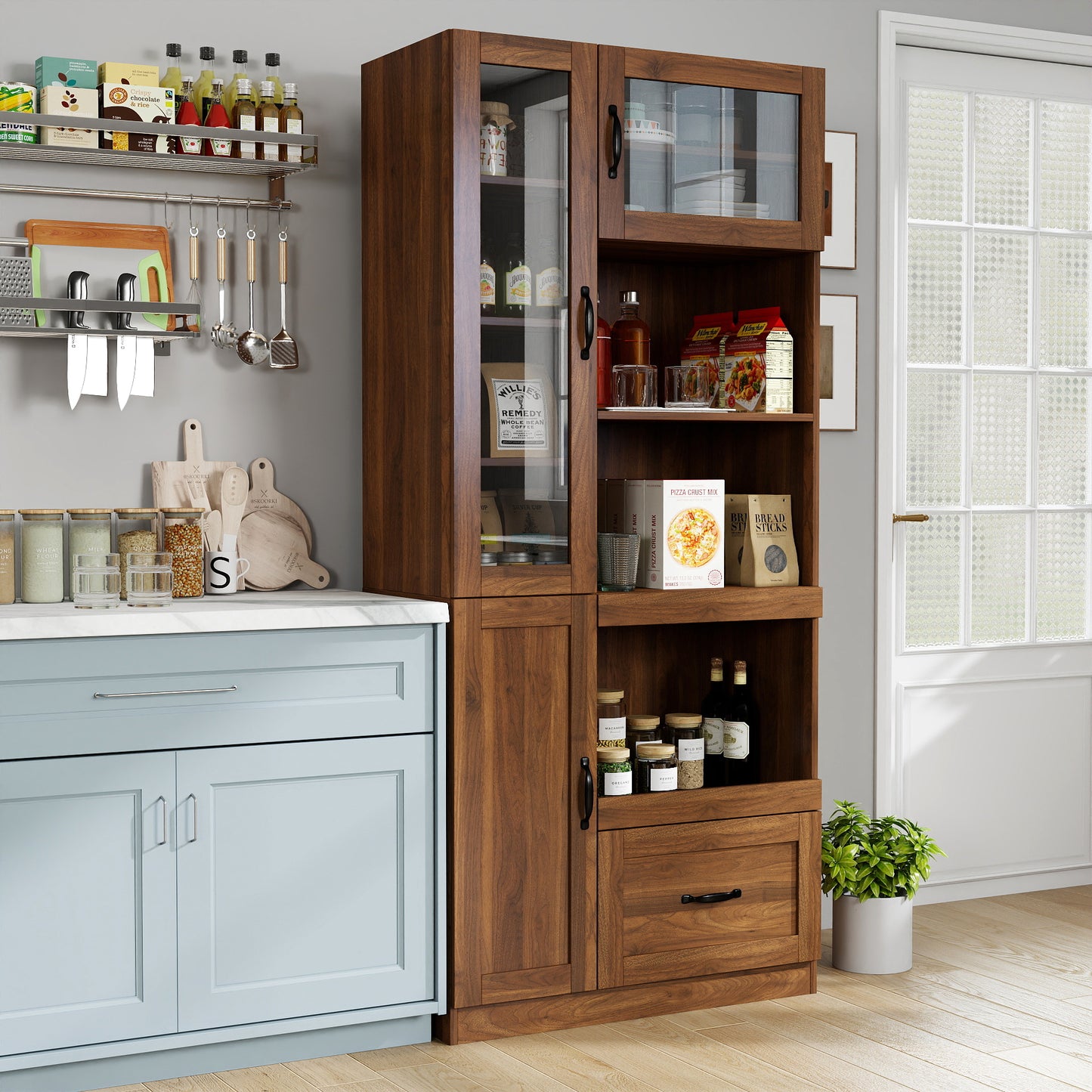 Kitchen Hutch Cabinet Farmhouse Buffet With Microwave Stand,