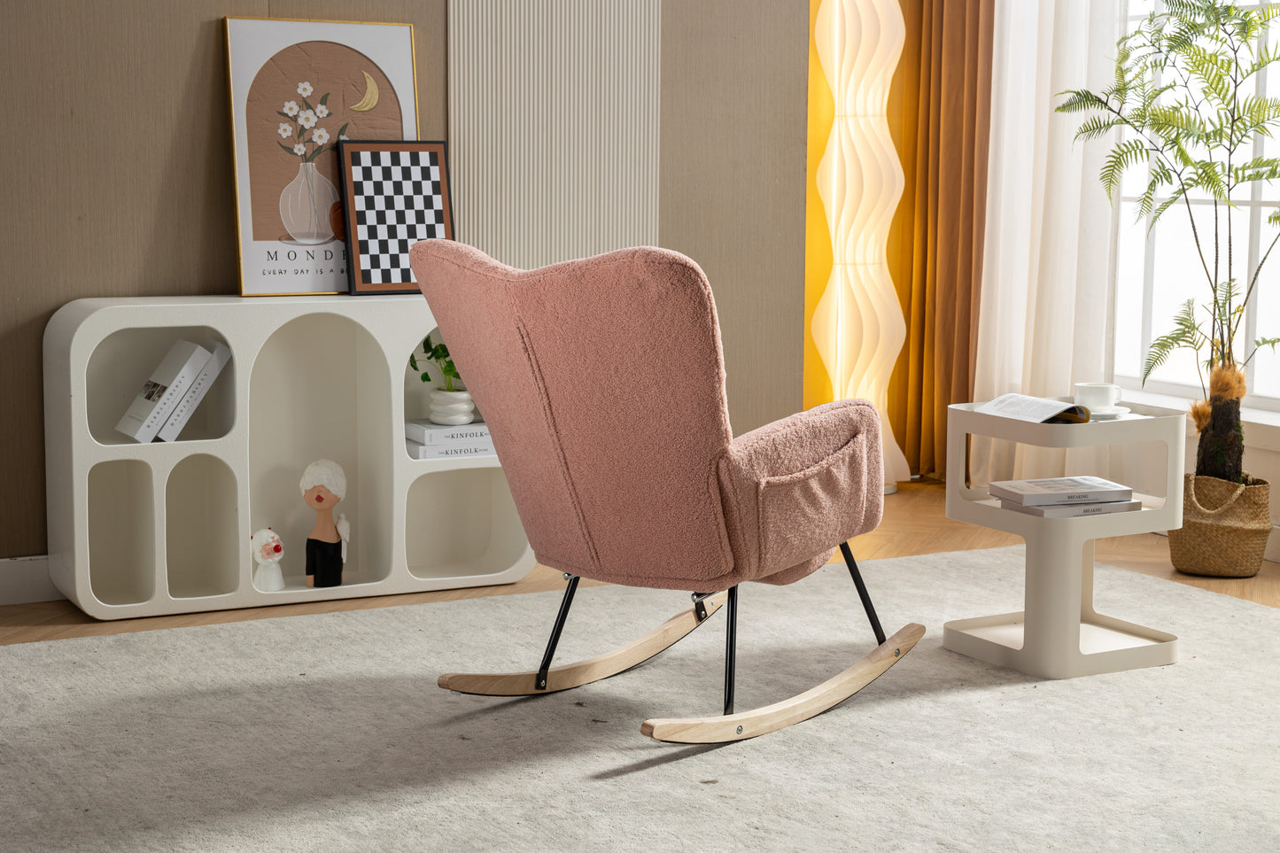 Pink Teddy Fabric Rocking Chair with Adjustable Footstool
