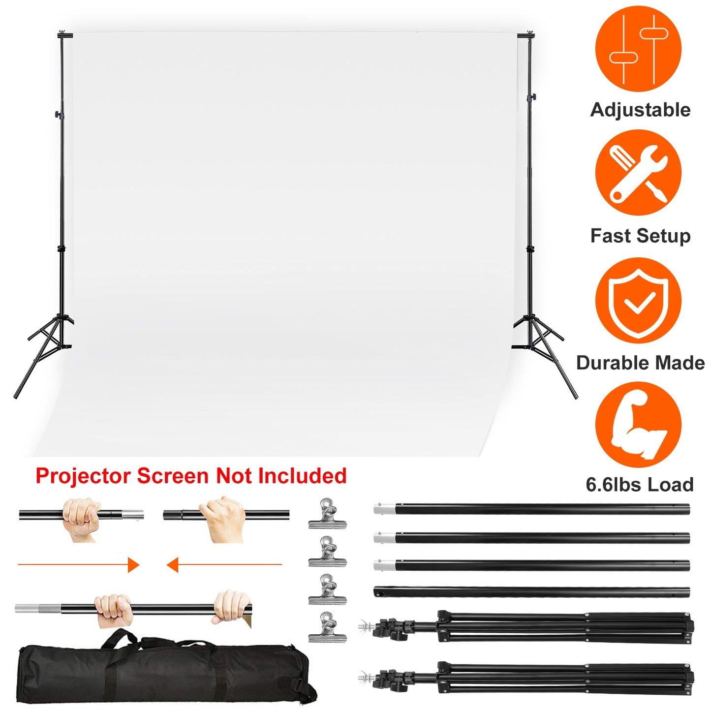 Adjustable Photography Backdrop Stand Set with Carrying Bag - Black