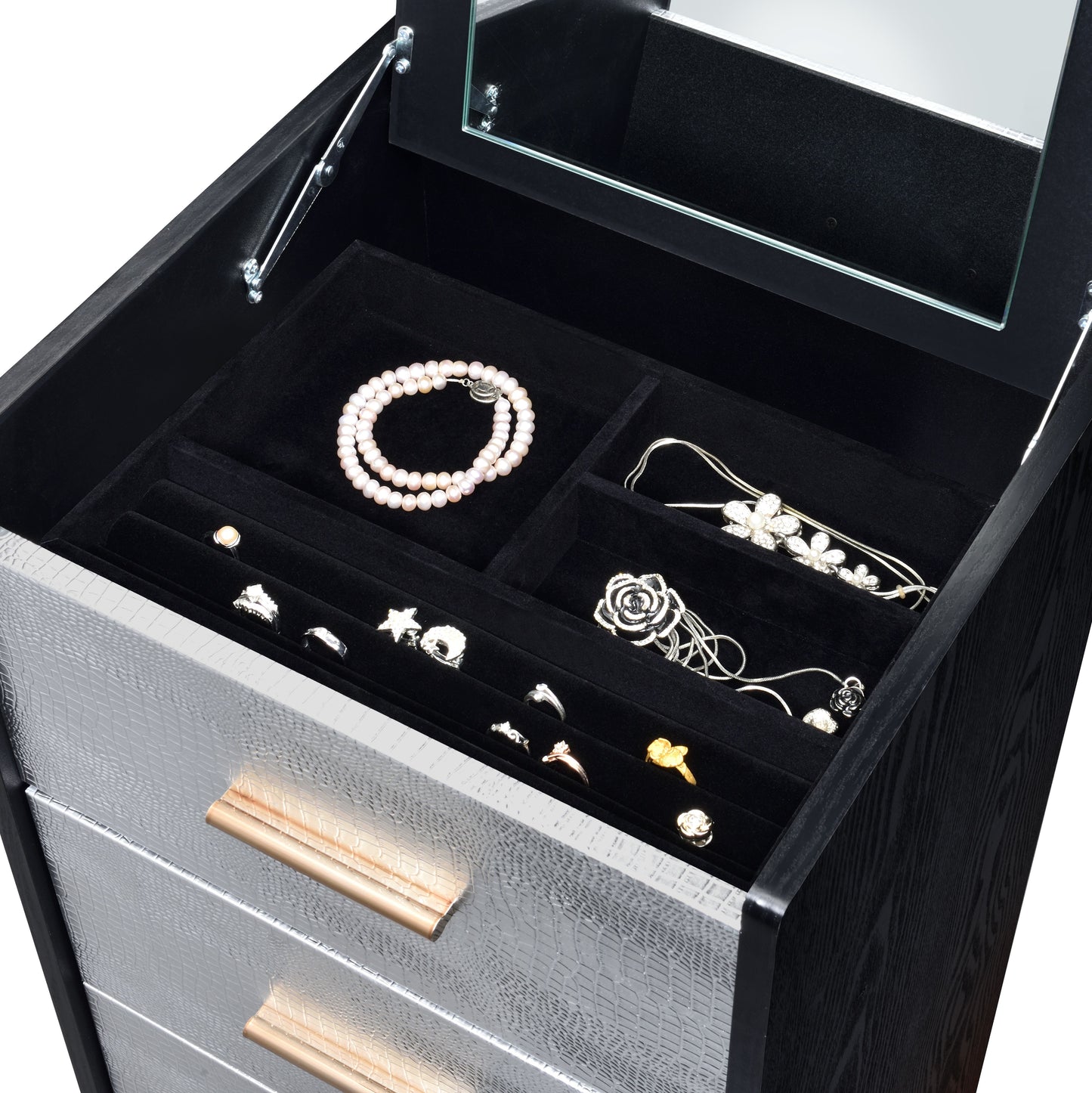 Myles Jewelry Armoire with Black, Silver & Gold Finish