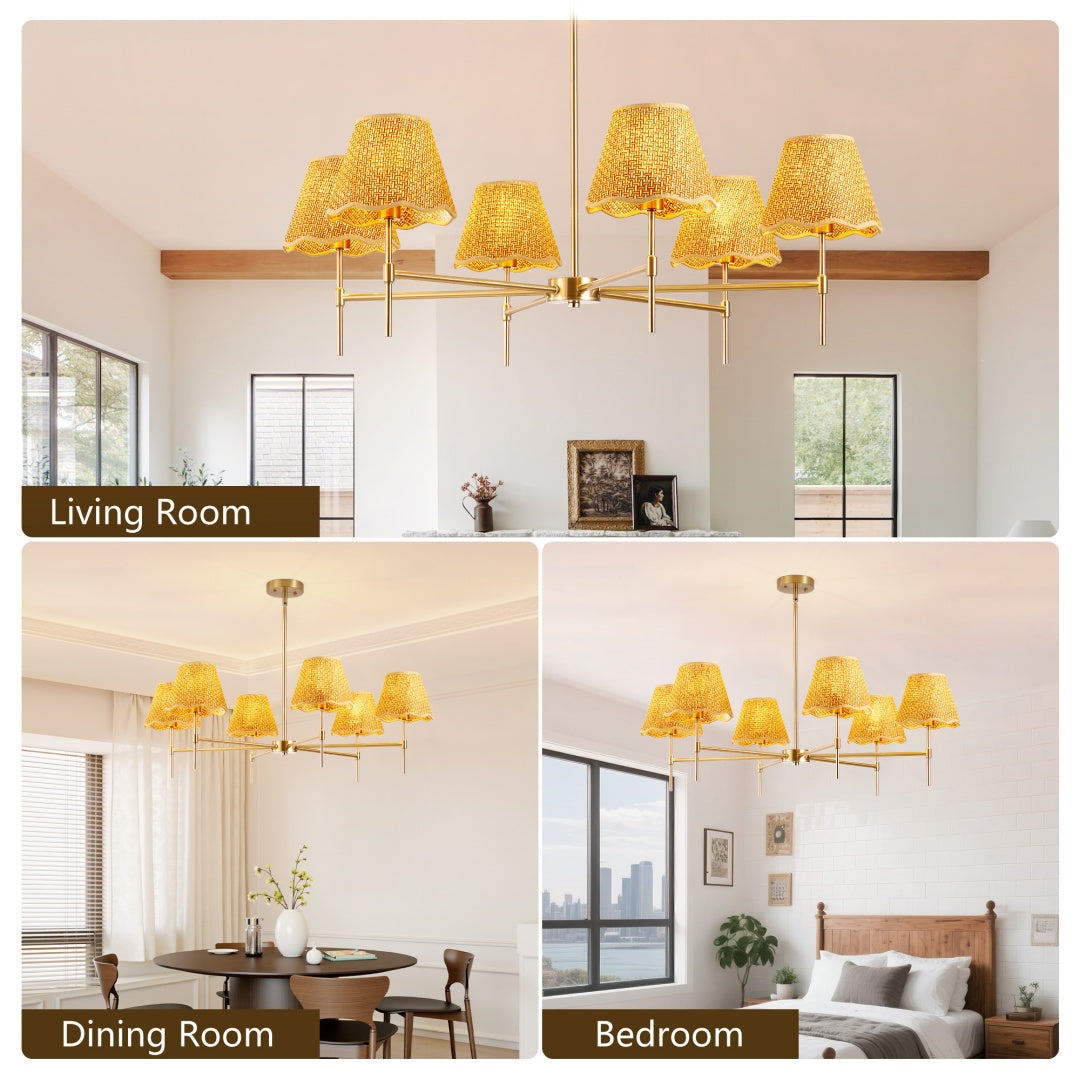 Boho Rattan Chandelier 6-Lights Pendant Light for Kitchen & Living Room