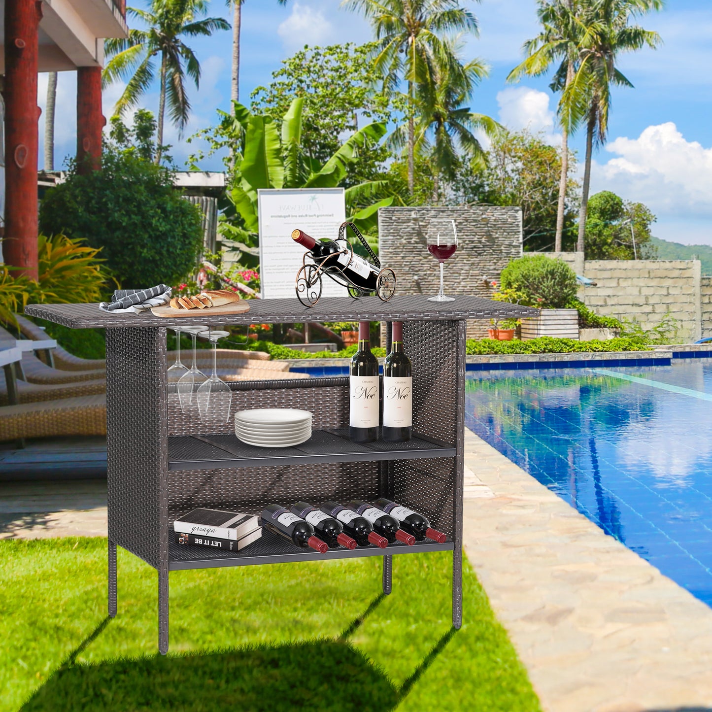 Outdoor Bar Table with 2 Metal Mesh Shelves - Sturdy & Elegant