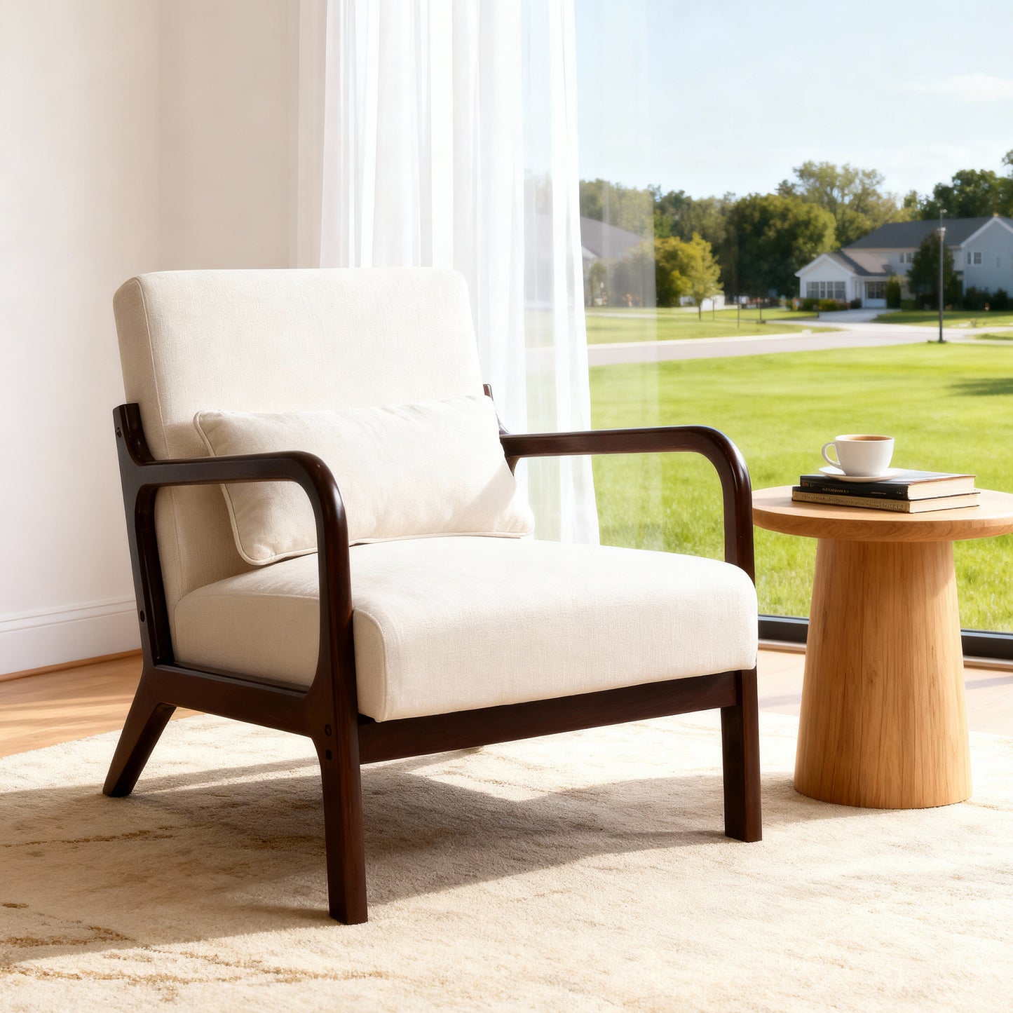 Mid Century Modern Accent Chair with Solid Wood Frame - Beige