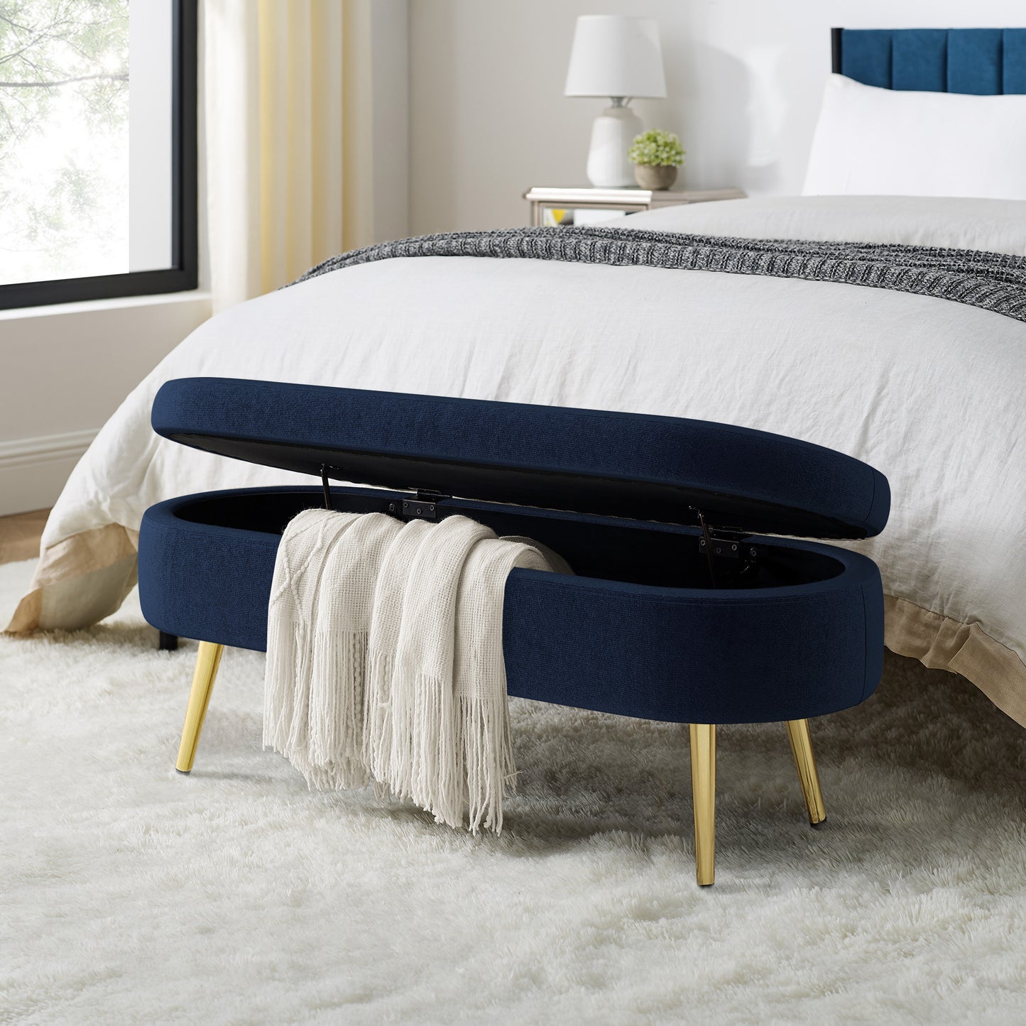 Ottoman Storage Bench - Dark Blue Flannel with Metal Legs