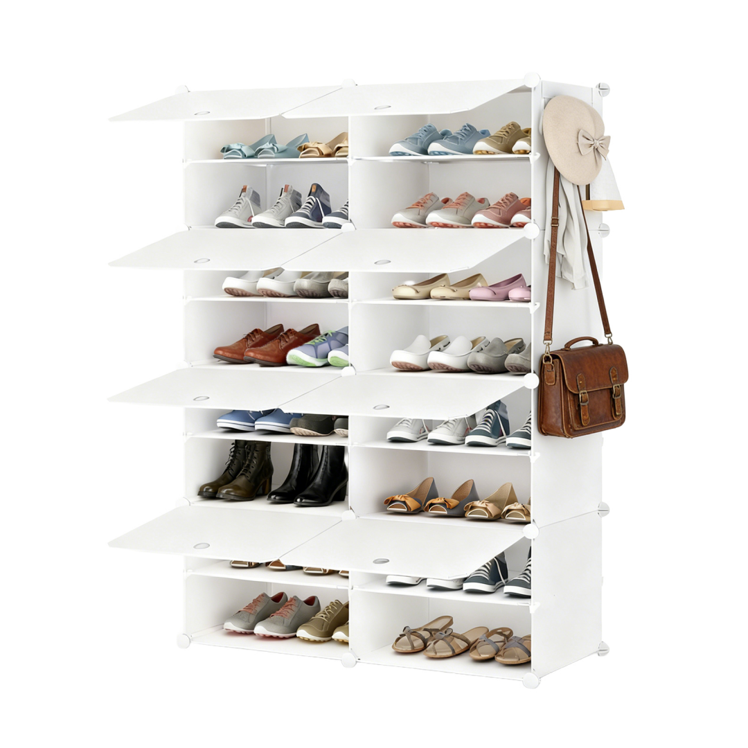8-Layer Shoe Storage Cabinet with Doors - White, Stackable