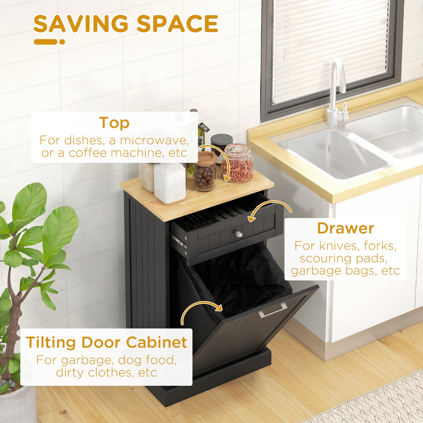 Tilt-Out Trash Cabinet with Storage Drawer - Black
